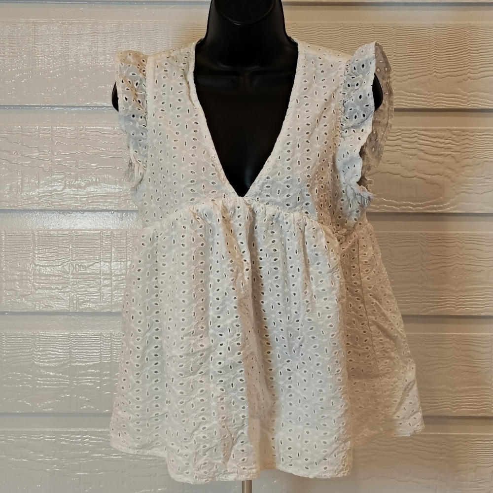 IMPRESSION WOMENS MED WHITE EYELET V NECK FLUTTER SLEEVE BABYDOLL PEPLUM BOHO‎